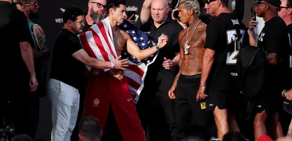 Two boxers facing off at weigh-in event