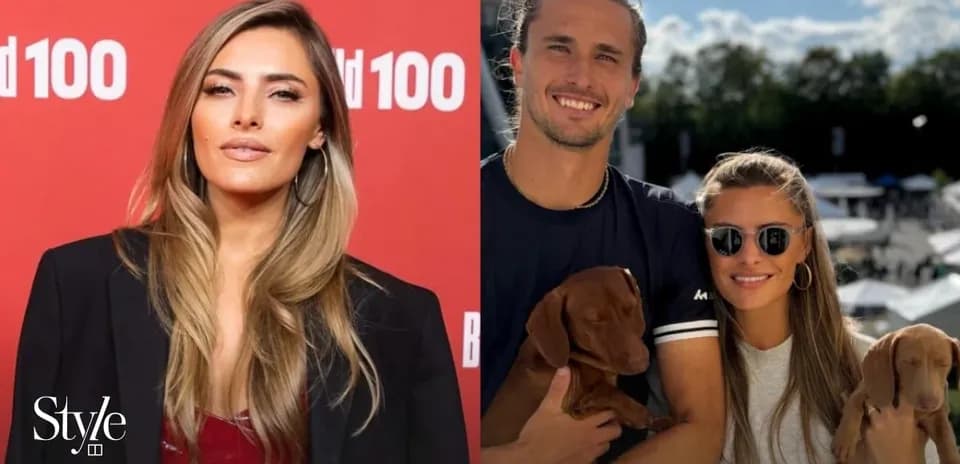 Woman posing at event; couple holding puppies outdoors