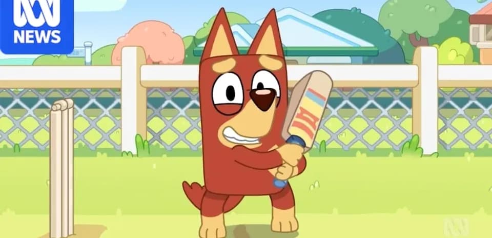 Animated character holding a cricket bat outdoors