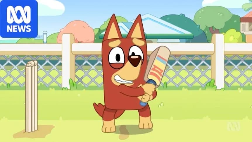 Animated character holding a cricket bat outdoors