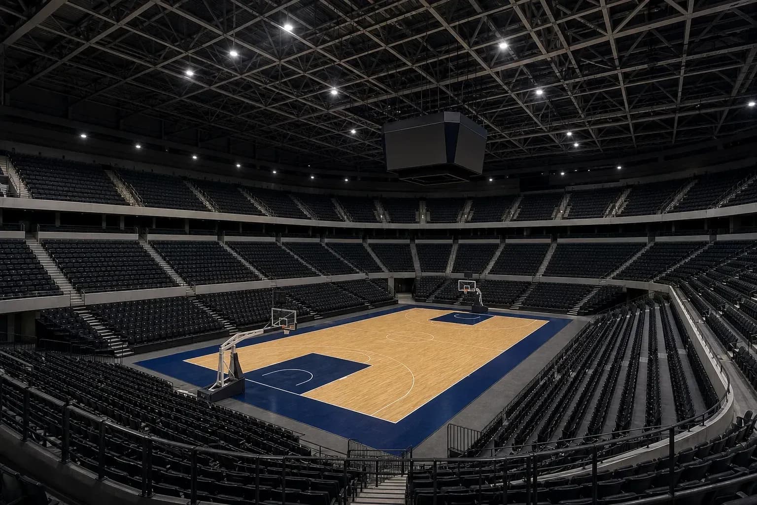 Empty basketball court in modern arena