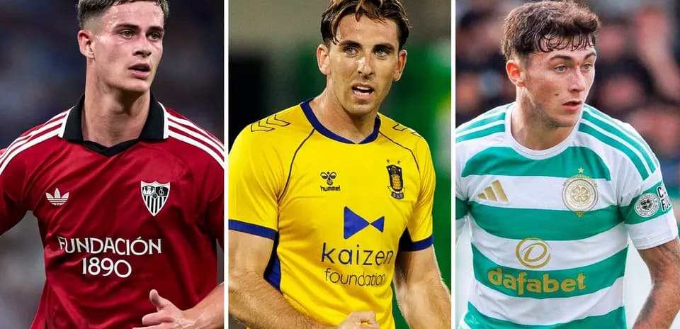 Three football players in team jerseys
