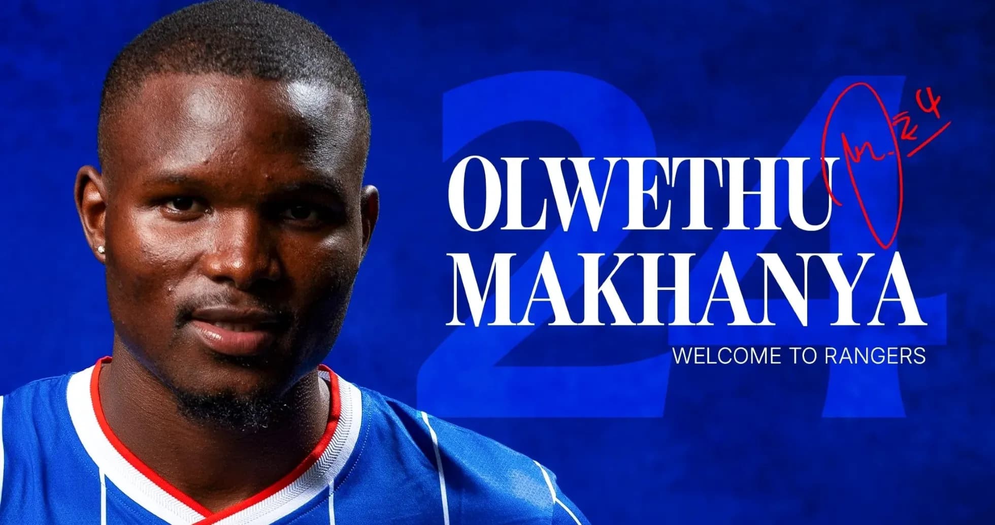 Olwethu Makhanya in Rangers jersey with welcome message
