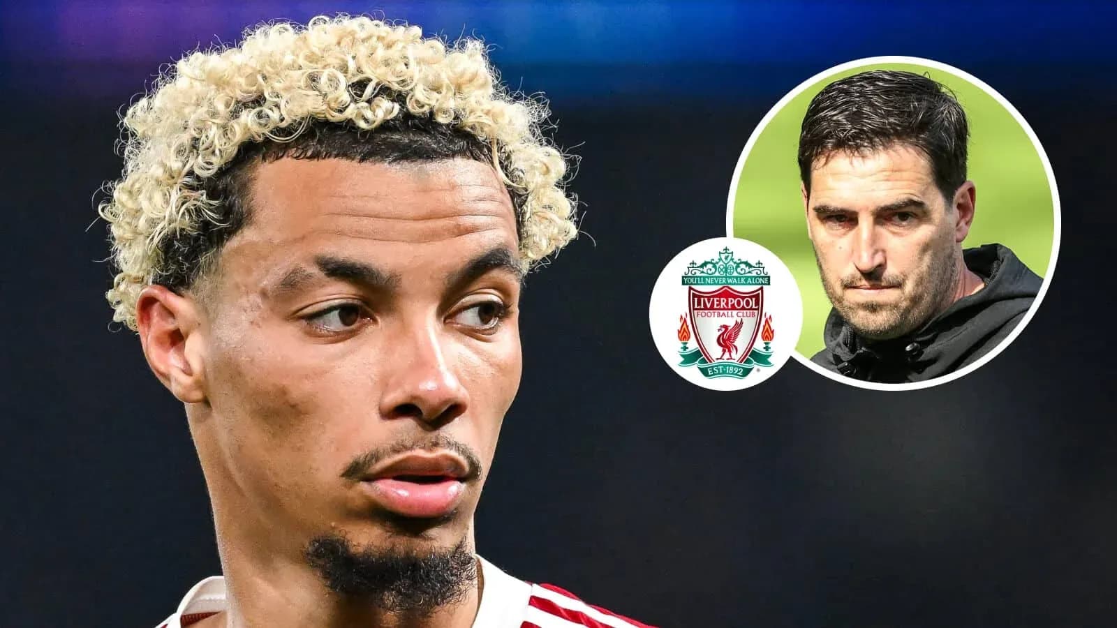 Player in focus with Liverpool logo and coach