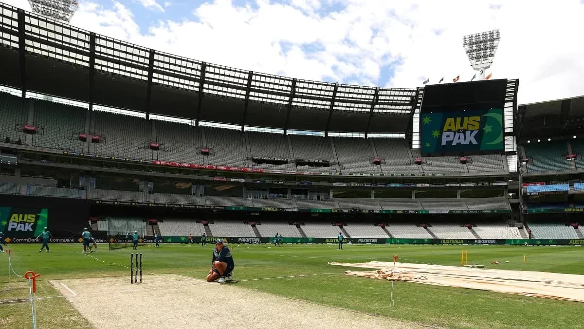 Cricket pitch preparation at stadium before match