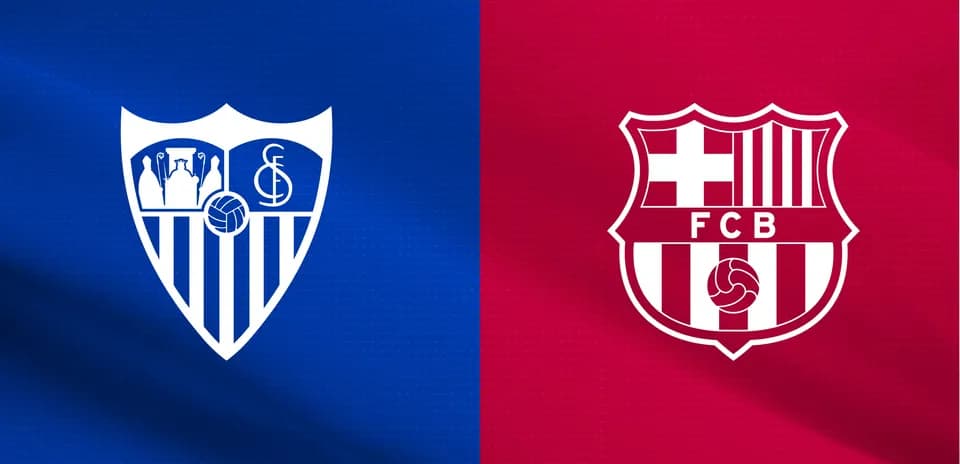 Logos of Sevilla FC and FC Barcelona on background