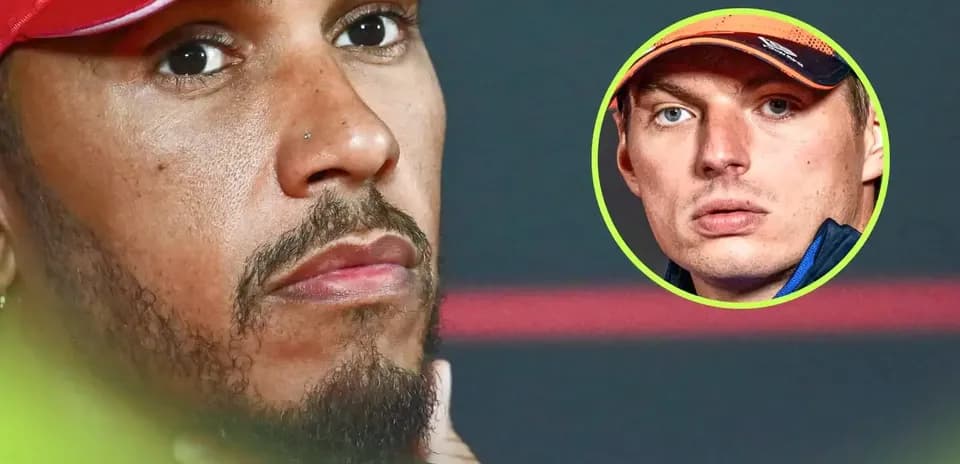 Lewis Hamilton in press conference with Max Verstappen inset