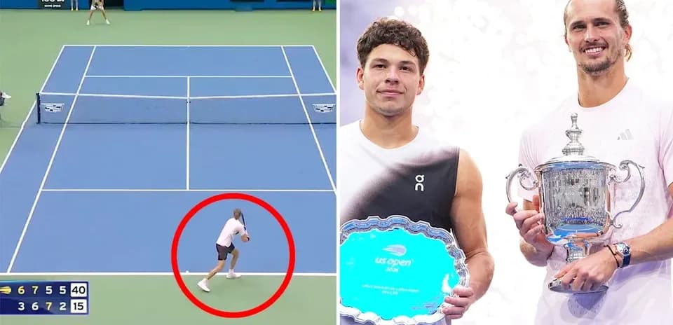 Tennis match action and players holding trophies