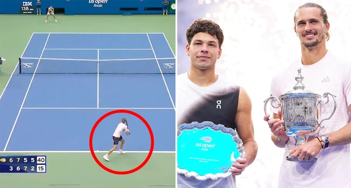 Tennis match action and players holding trophies