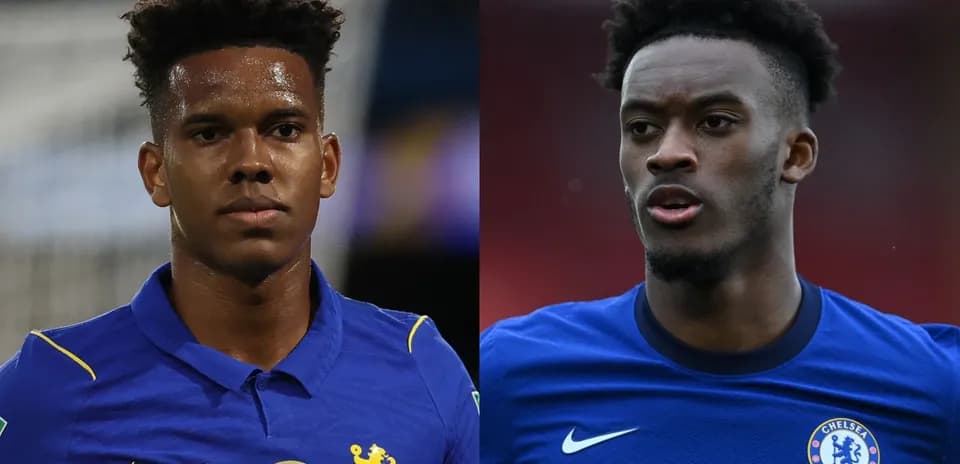 Two Chelsea players in blue jerseys looking serious