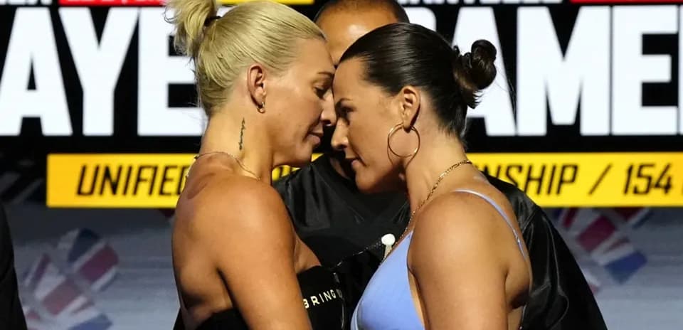 Two boxers facing off at weigh-in event