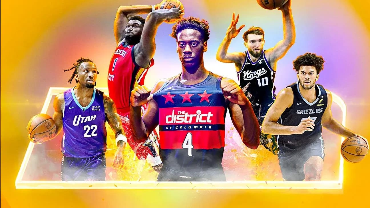 Five basketball players in action with team jerseys
