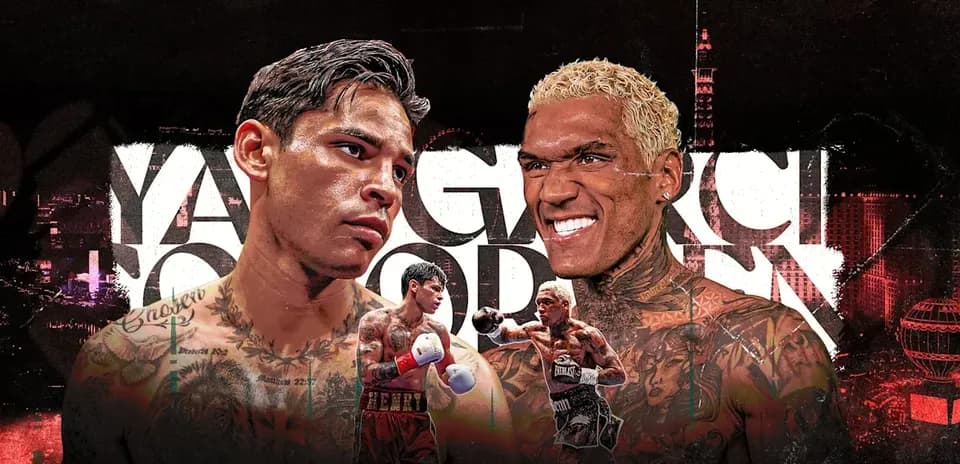Boxers face off with promotional graphics in background