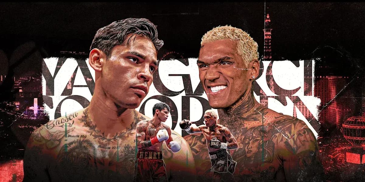 Boxers face off with promotional graphics in background