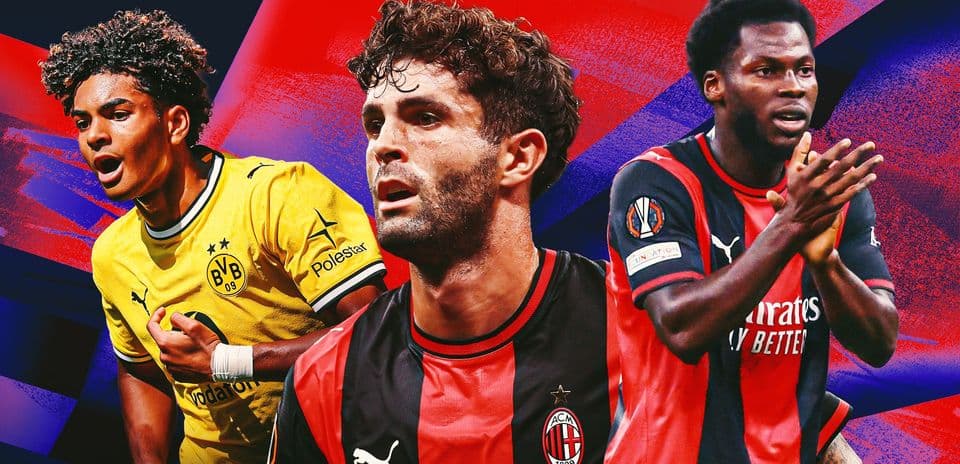 Three football players in team jerseys against colorful background