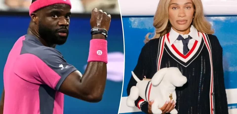 Tennis player celebrating next to a fashion model