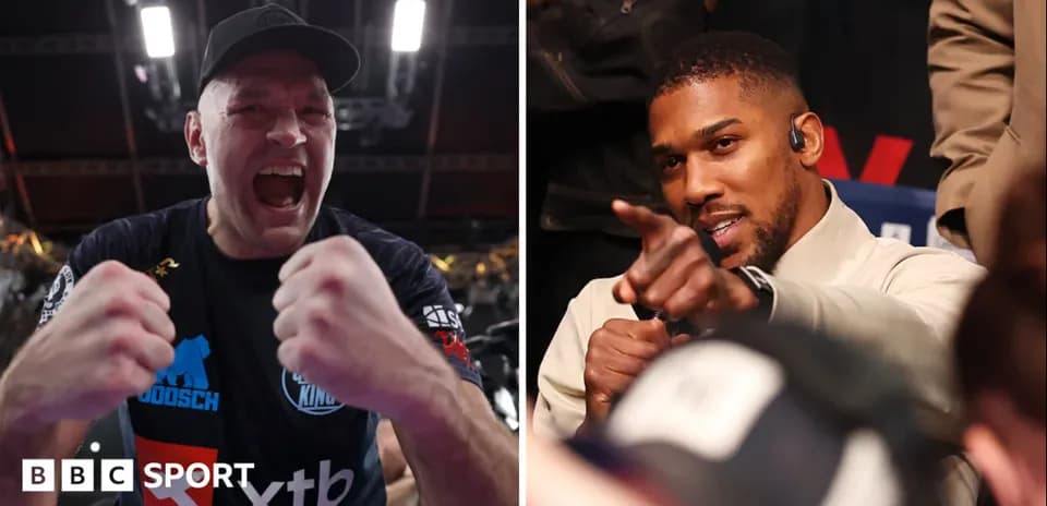 Tyson Fury celebrating, Anthony Joshua pointing at camera