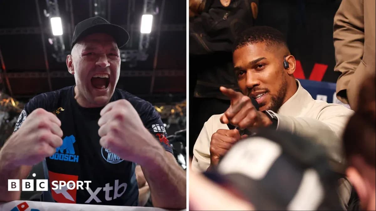 Tyson Fury celebrating, Anthony Joshua pointing at camera