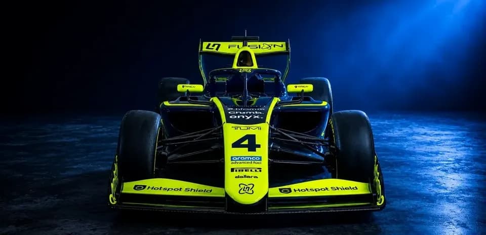 Race car displayed with bright yellow accents