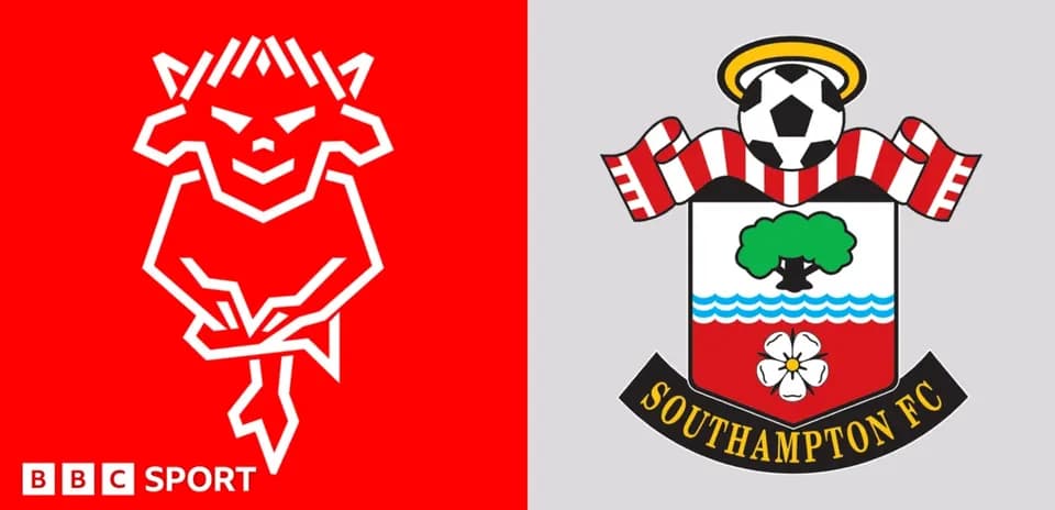 Logos of two football teams on contrasting backgrounds