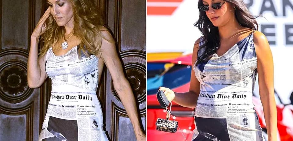 Two women in newspaper print dresses outdoors