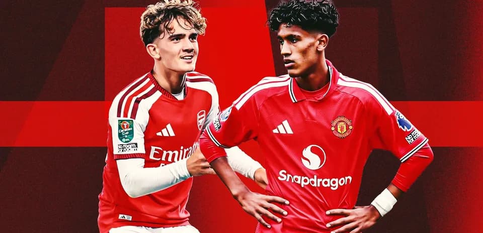 Two young players in Arsenal and Manchester United jerseys