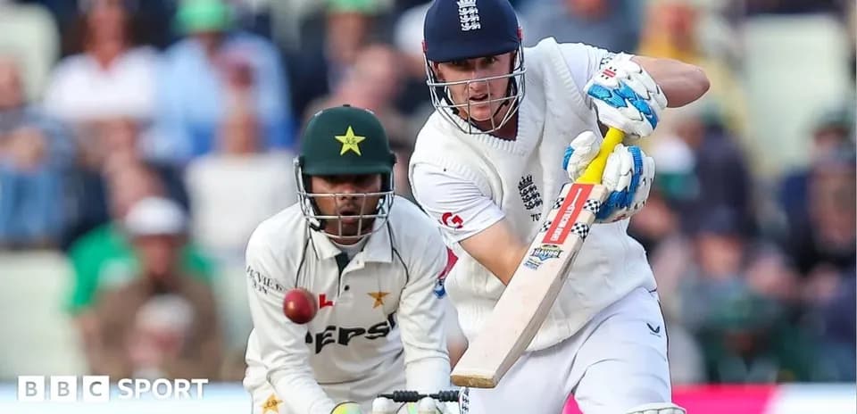 Batsman playing a shot as wicketkeeper prepares to catch