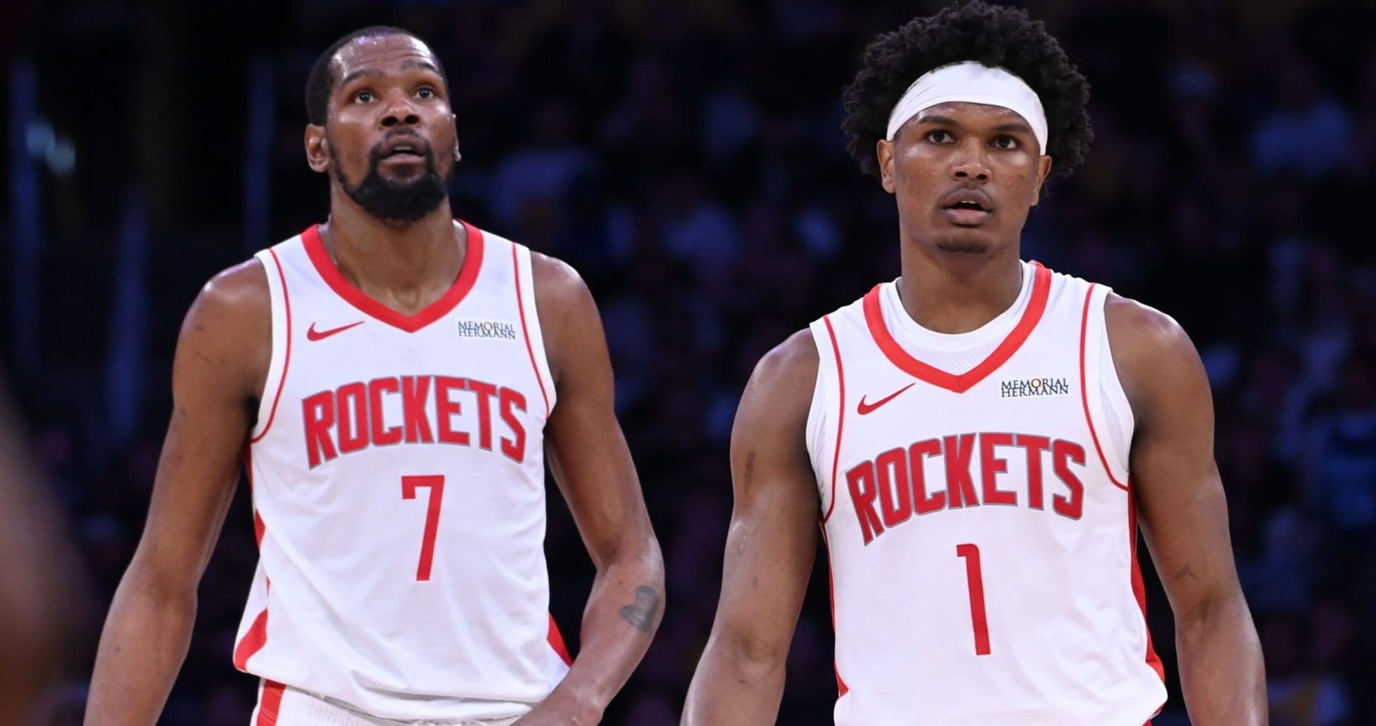 Two Houston Rockets players during a game