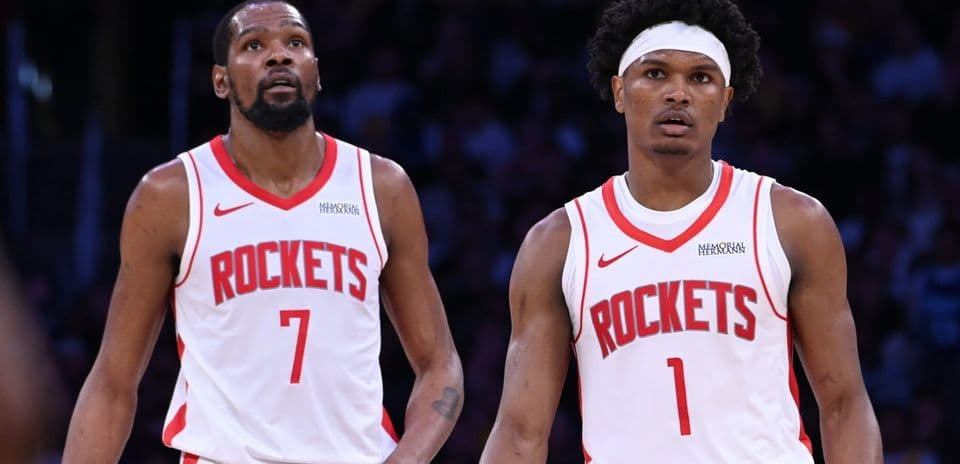 Two Houston Rockets players during a game