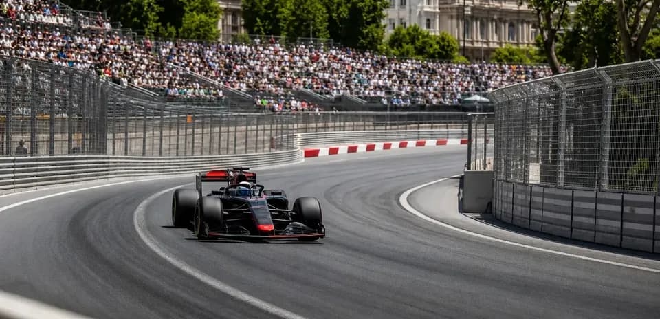 Formula 1 car navigating a turn on race track