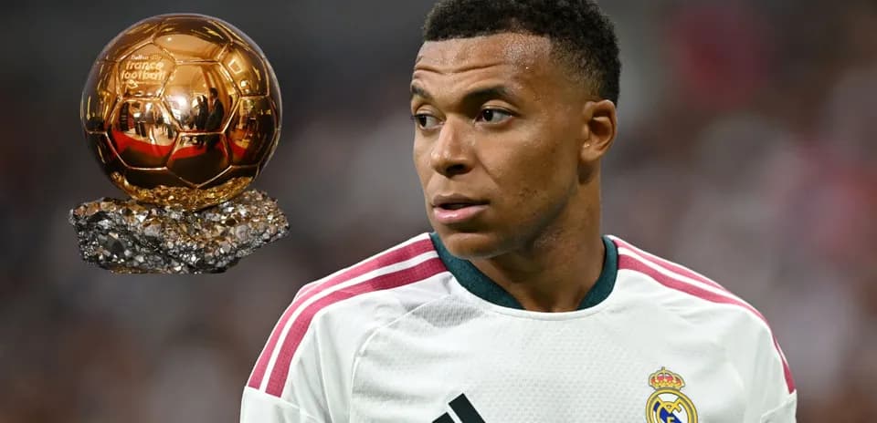Player in Real Madrid jersey near Ballon d'Or trophy