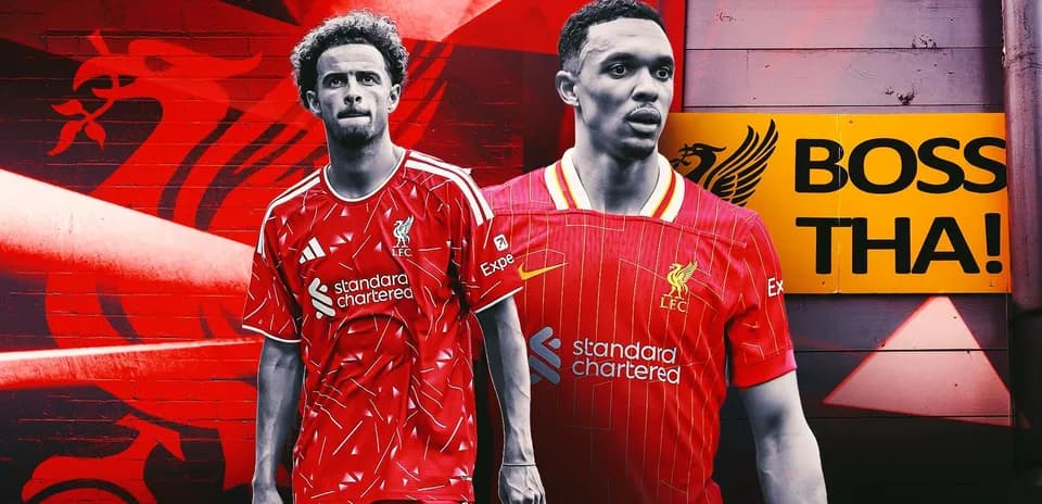 Two Liverpool players in red kits against a graffiti background
