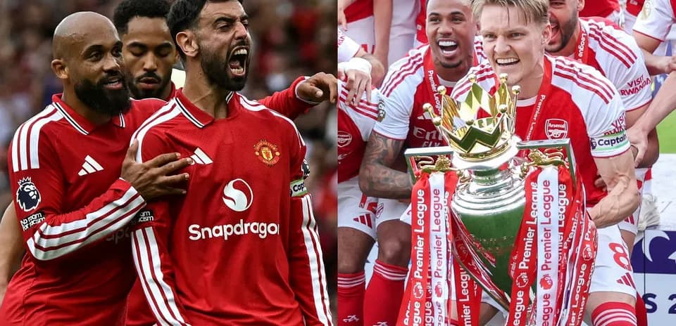Manchester United players celebrating alongside Arsenal trophy celebration