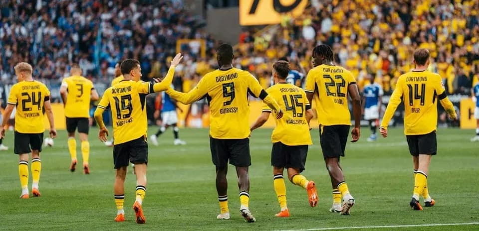 Borussia Dortmund players celebrating on the pitch