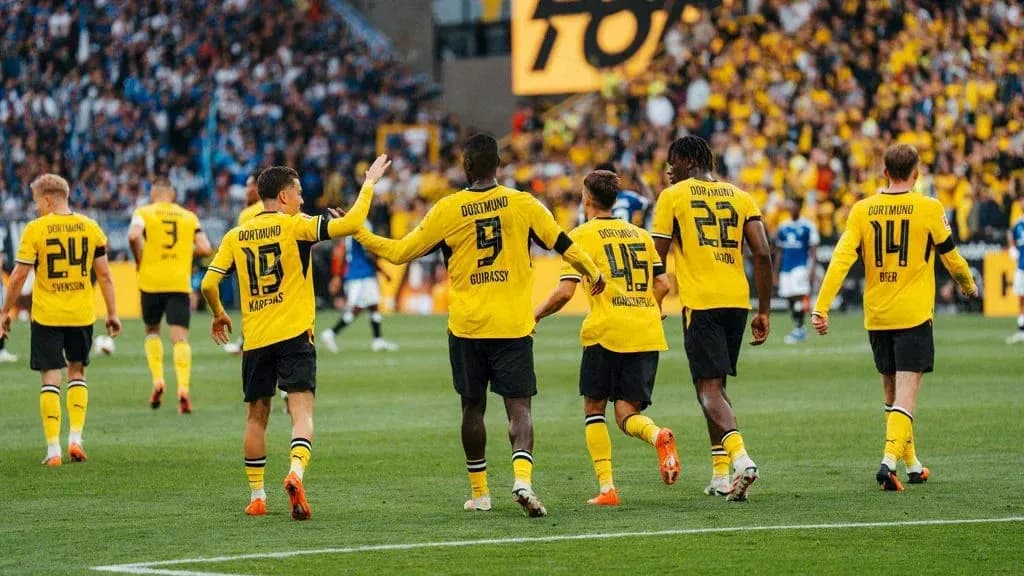 Borussia Dortmund players celebrating on the pitch