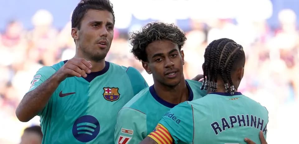 Barcelona players celebrating a goal together