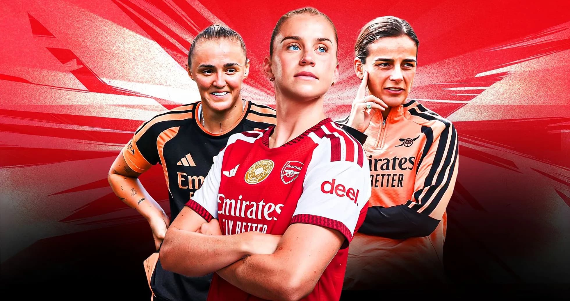 Three Arsenal women players posing in team jerseys