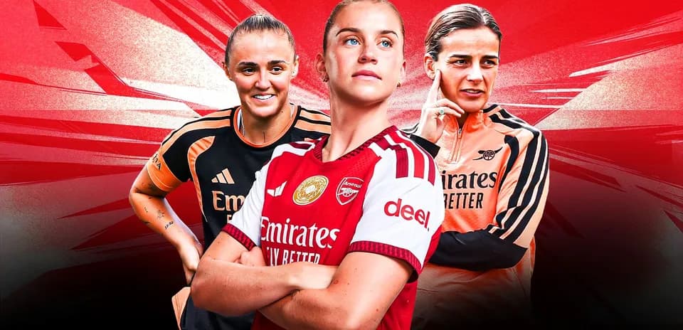 Three Arsenal women players posing in team jerseys