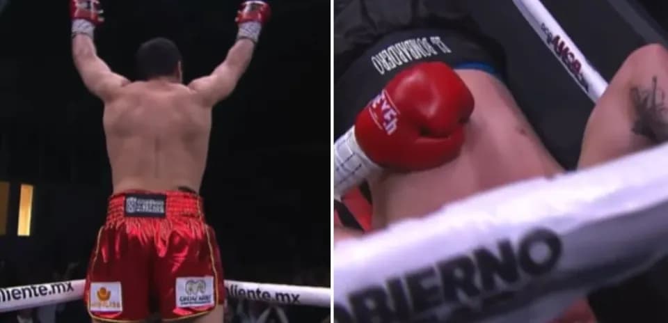 Boxer celebrating victory after opponent is down