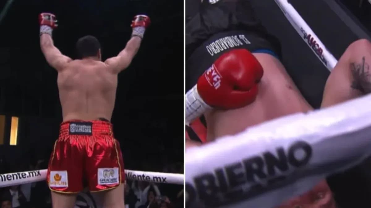 Boxer celebrating victory after opponent is down