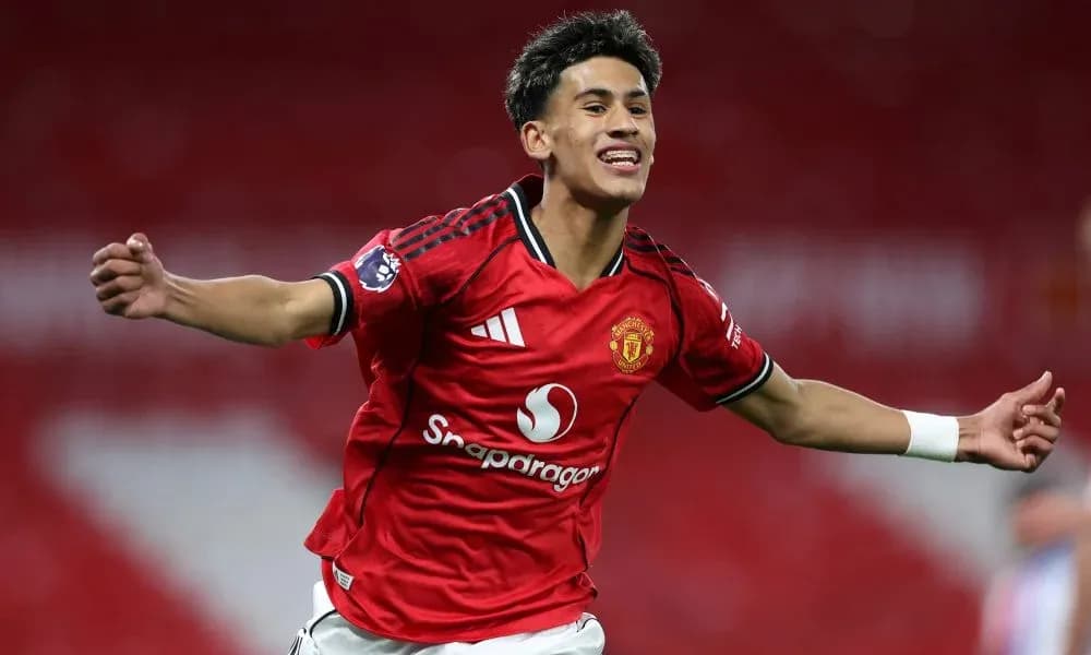Player celebrating goal in Manchester United jersey