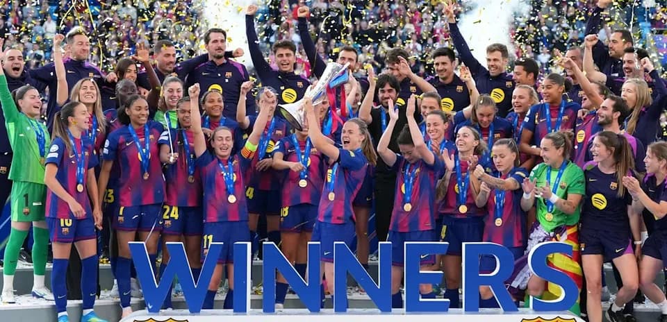 FC Barcelona Women's team celebrating UEFA Champions League win