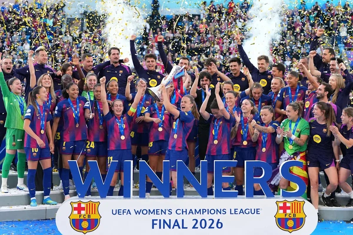 FC Barcelona Women's team celebrating UEFA Champions League win