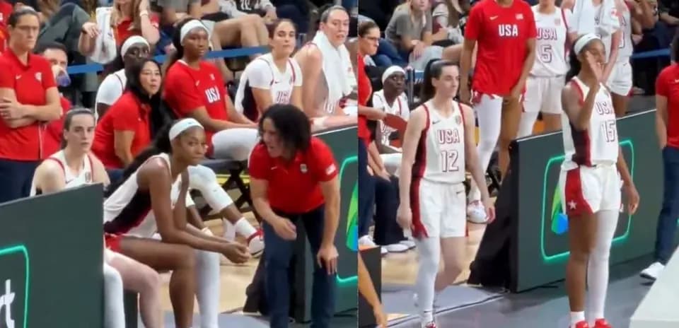 USA basketball team during a timeout on bench