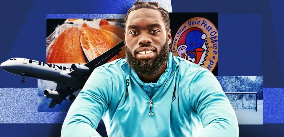 Athlete smiling with various images in background