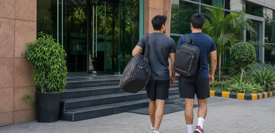 Two athletes walking towards a building entrance