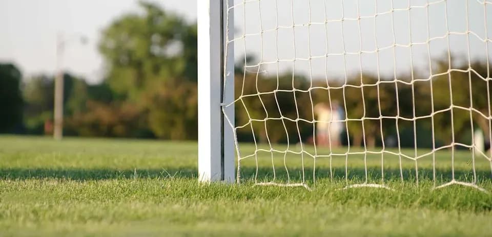 Close-up of soccer goal net on grass field