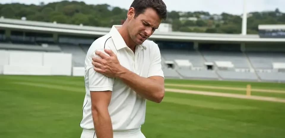 Cricketer holding shoulder in pain on field