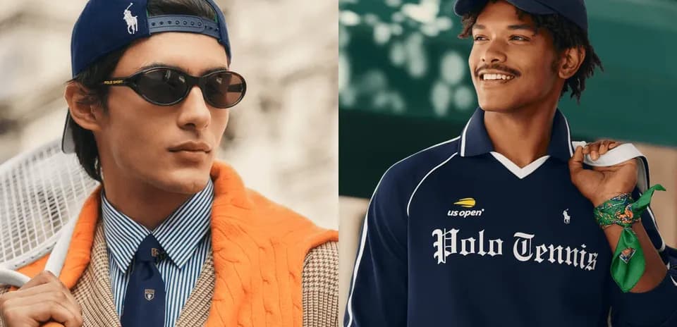 Two models wearing Polo Tennis apparel and accessories
