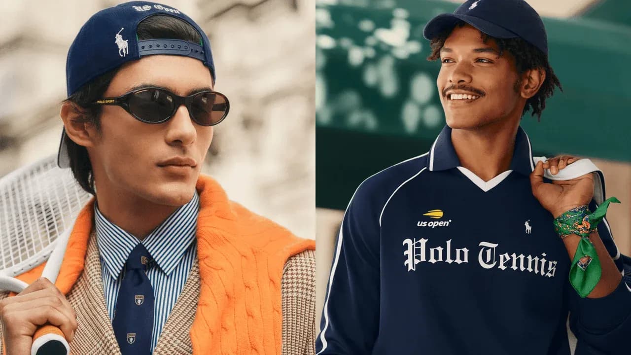 Two models wearing Polo Tennis apparel and accessories